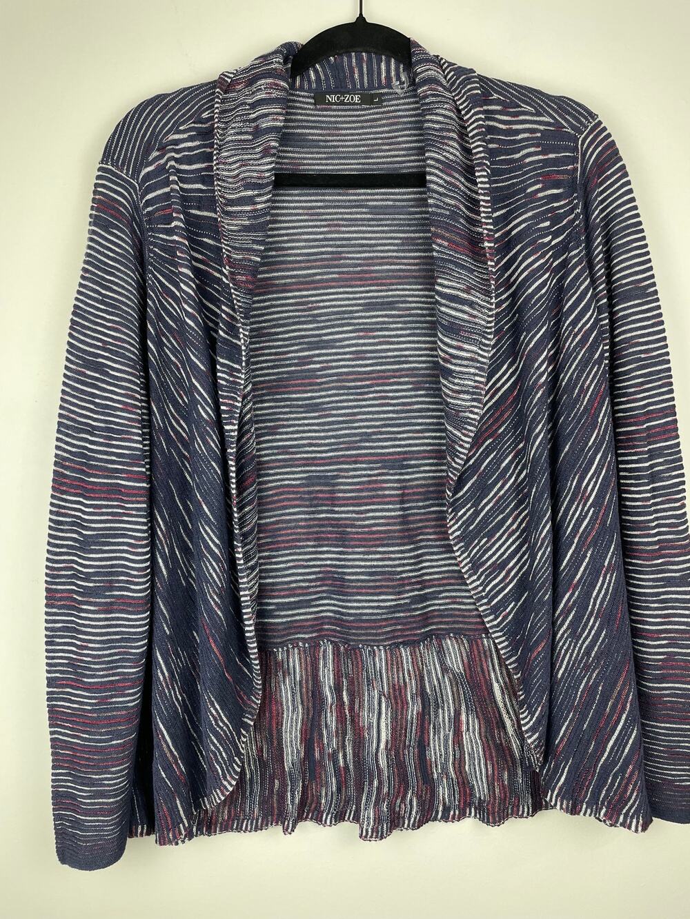 NIC+ZOE Linen Blend Striped Open Front Cardigan Sweater Drape Peplum Blue L NWT